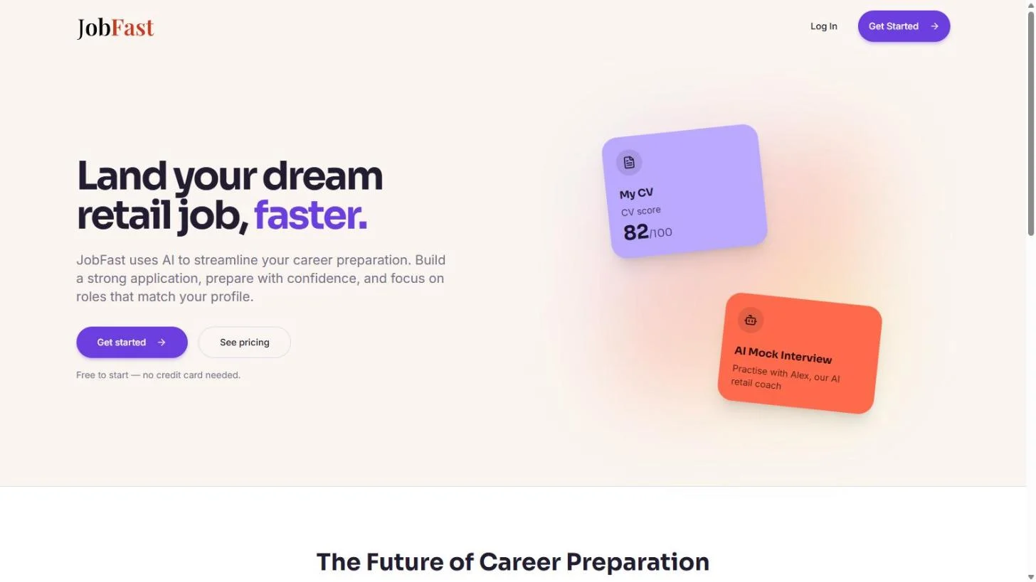 The JobFast home page, headlined "Land your dream retail job, faster.", with a short description of its AI career tools, a Get started button and a See pricing button.