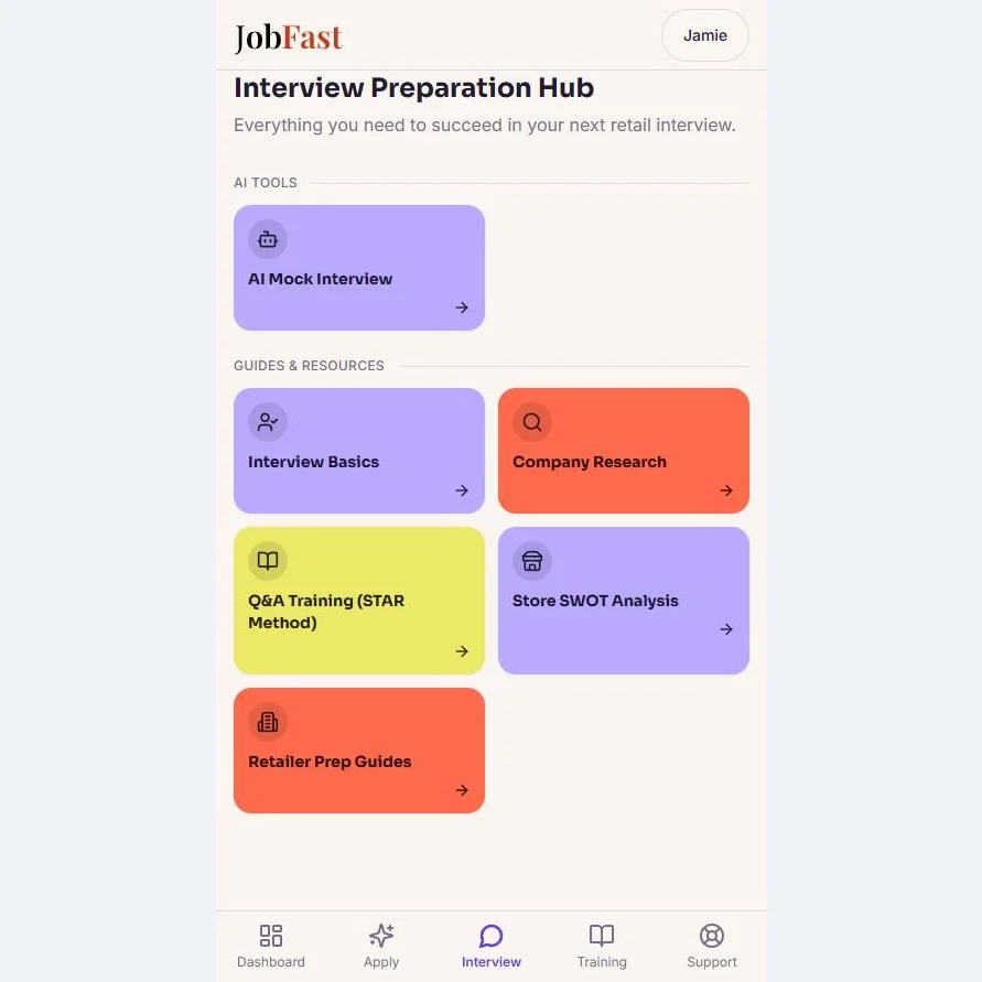 JobFast on a phone: an interview preparation hub listing an AI mock interview, interview basics, company research, Q&A training and other guides, above a bottom navigation bar.